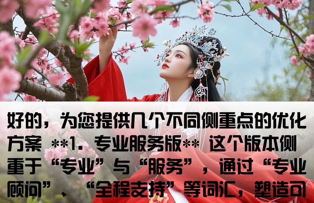 好的，为您提供几个不同侧重点的优化方案 **1. 专业服务版** 这个版本侧重于“专业”与“服务”，通过“专业顾问”、“全程支持”等词汇，塑造可靠、贴心的品牌形象。 > 万源地区百度推广专业开户顾问，提供一站式全程支持与服务保障 **2. 效果导向版** 这个版本以“效果”为核心，使用“开启精准营销”、“高效引流”等行动性词汇，直接回应客户对广告效果的终极诉求。 > 为万源企业开启百度精准营销，高效开户引流助您抢占市场先机 **3. 地域特色版** 这个版本强调“本地”属性，运用“本地专家”、“专属推广方案”等短语，拉近与本地企业的心理距离，传递定制化服务理念。 > 深耕万源本地市场，百度推广开户专家为您量身定制专属推广方案 您可以根据自己的偏好选择，如果需要进一步调整，欢迎随时提出。[万源百度开户服势]