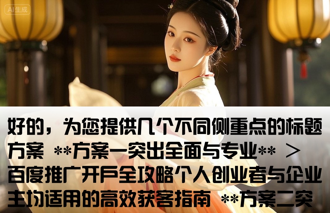 好的，为您提供几个不同侧重点的标题方案 **方案一突出全面与专业** > 百度推广开户全攻略个人创业者与企业主均适用的高效获客指南 **方案二突出机会平等** > 无论个人或企业，均可轻松开启百度推广，抢占精准流量新机遇 **方案三采用设问形式** > 个人与企业如何开通百度推广账户？一站式开户流程与政策详解 **方案四简洁有力型** > 打破门槛限制，详解个人及公司进行百度推广开户的完整流程与优势 您可以根据喜好选择，如果需要进一步调整，欢迎随时提出。