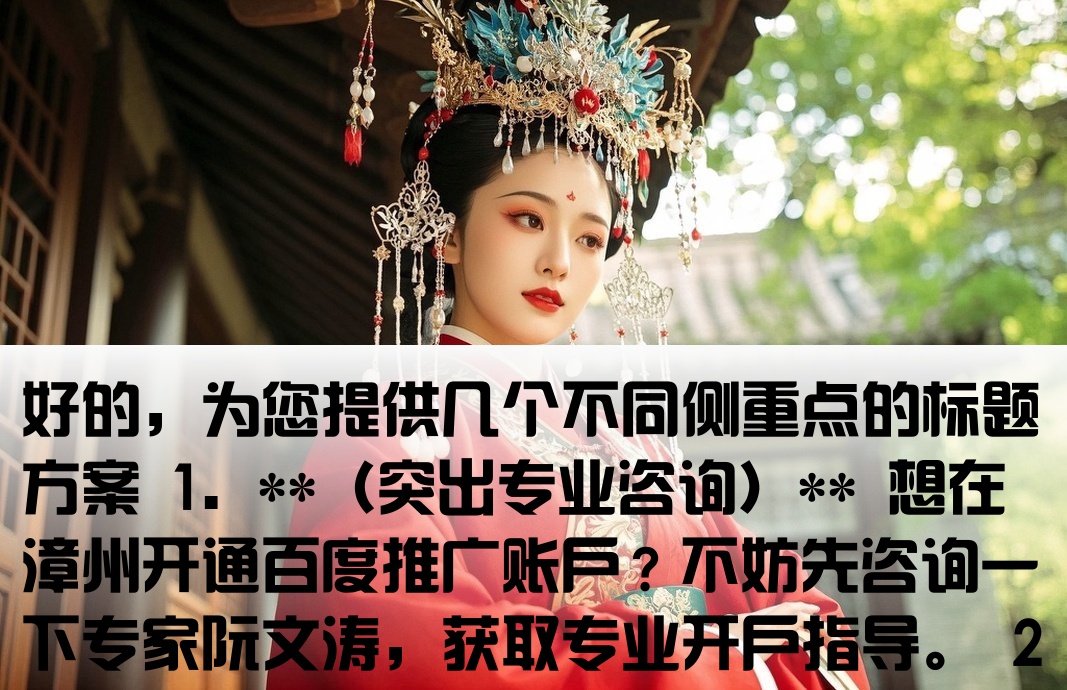 好的，为您提供几个不同侧重点的标题方案 1. **（突出专业咨询）** 想在漳州开通百度推广账户？不妨先咨询一下专家阮文涛，获取专业开户指导。 2. **（突出本地与服务）** 漳州地区企业百度推广开户首选顾问阮文涛为您提供一站式开户与运营解答。 3. **（以提问方式吸引注意）** 漳州企业如何高效开通百度推广？找对开户顾问至关重要，阮文涛为您详细解惑。[漳州百度开户问阮文涛]
